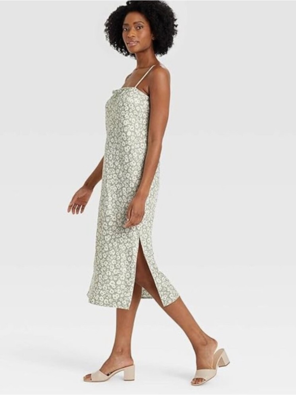 A New Day Apron Slip Dress in Light Green Floral Print - Medium